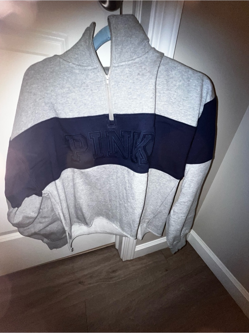 PINK Victoria's Secret Gray and Navy Half-Zip V-Neck Sweatshirt